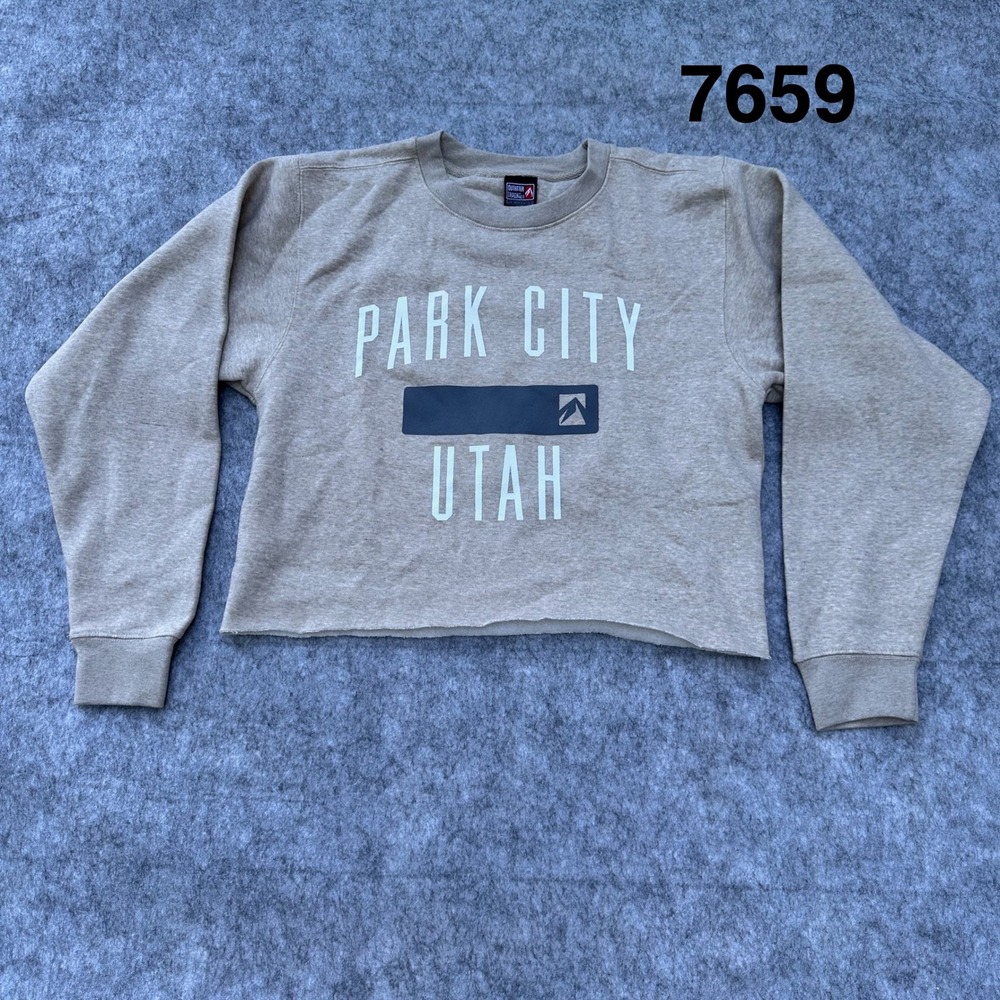 Outfitter Trading Co Park City Utah Cropped Sweatshirt Oatmeal Tan Med Raw Hem